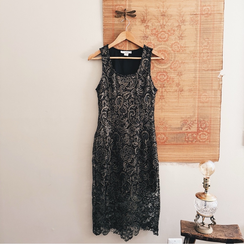 Vintage 90s Embroidered Lace Bronze & Black Midi Dress